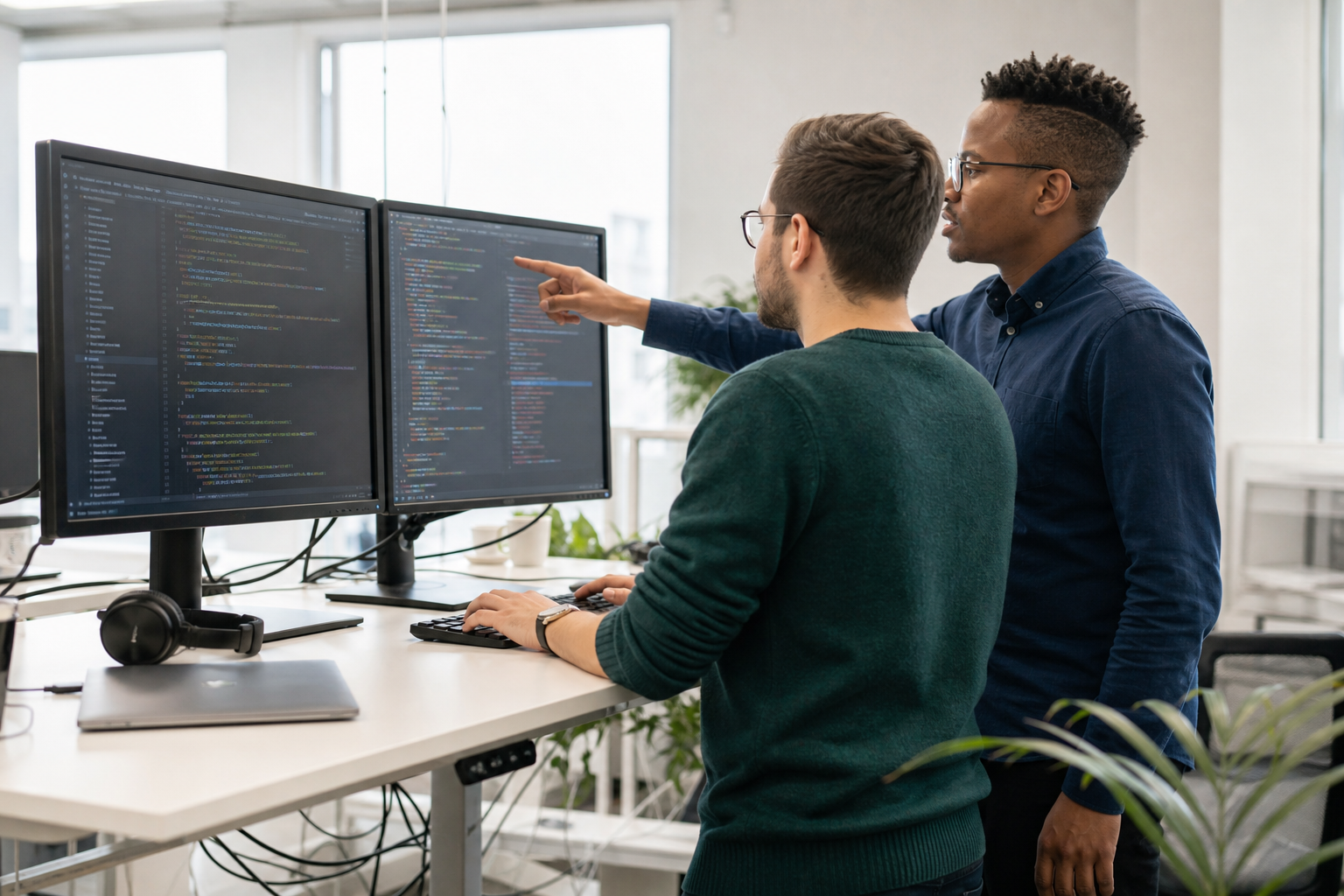 Two CELSTARTAB engineers pair-programming at a standing desk
